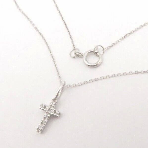 14K Solid White Gold Natural Diamond Tiny Cross Pendant Necklace 1/4"