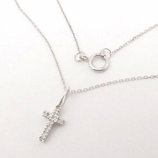 14K Solid White Gold Natural Diamond Tiny Cross Pendant Necklace 1/4"
