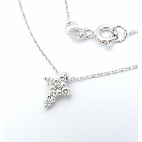 14K Solid White Gold Tiny Natural Diamond Cross Necklace 16"-18".  5/16"