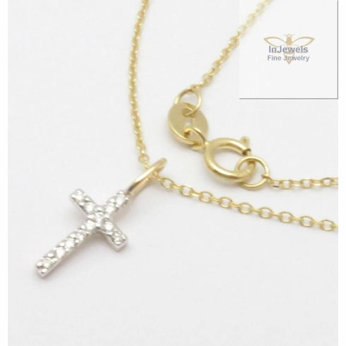 14K Solid Yellow Gold Small Natural Diamond Cross Pendant Necklace Dainty