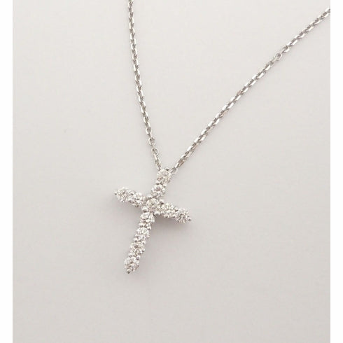 14K Solid White Gold 1/2" Natural Diamond Cross Pendant Necklace