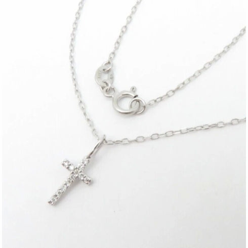 14K Solid White Gold Small Natural Diamond Cross Pendant Necklace Dainty