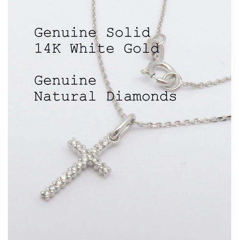 14K White Gold Natural Diamond Cross Pendant Necklace 1/2"