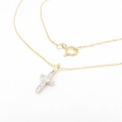 14K Solid Yellow Gold Natural Diamond Tiny Cross Pendant Necklace 1/4"