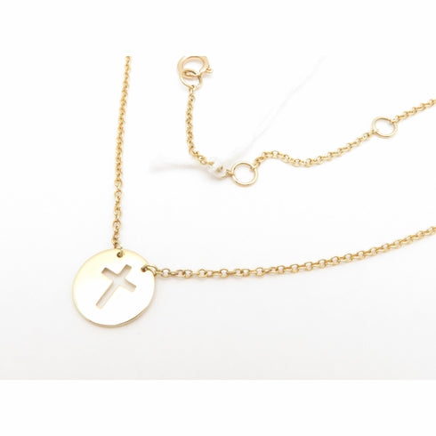 14K Solid Yellow Gold Flat Cross Disc Cut Out Necklace Adjustable Lengths