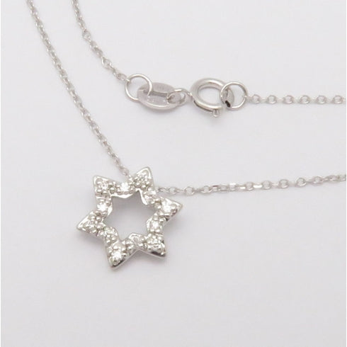 14K Solid White Gold Natural Damond Small Star of David Pendant Necklace 3/8"
